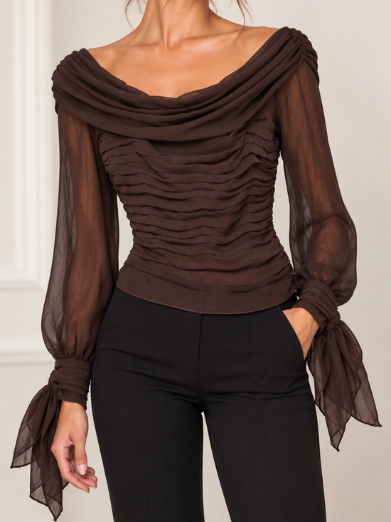 Lillie Rubin Tops - Vintage Lillie Rubin 100% Silk Ruched Blouse Off Shoulder Chocolate Brown Size 4